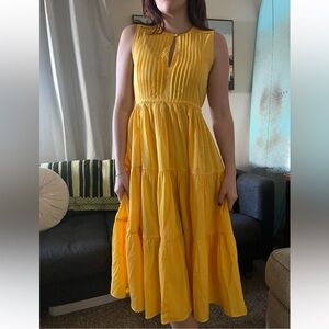 Anthropologie Yellow Tiered A Line Midi Dress Sleeveless Pleated XXSP Oversized